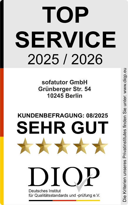 Award, Top Service, 2025/2026, sofatutor GmbH, Customer Survey August 2025, very good, five stars, DIOP, German Institute for Quality Standards and Testing, The criteria of our private institute can be found at: www.diqp.eu